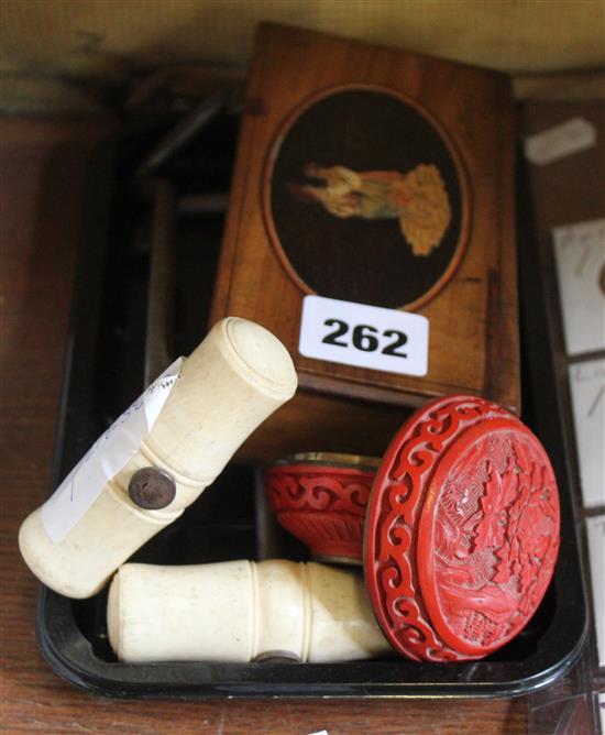Cinnabar pot, box & 2 ivory handled boot pulls(-)